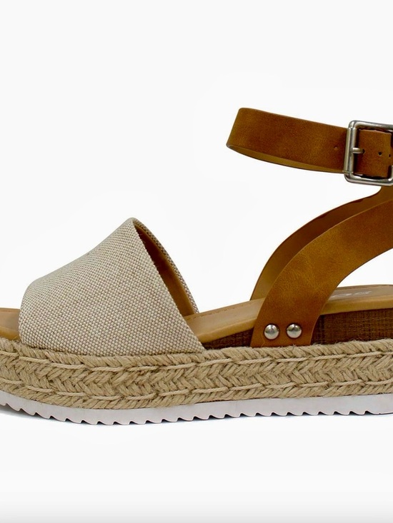 Shoes - Beige Canvas Espadrille Platform Sandal with Tan Ankle Strap - 10